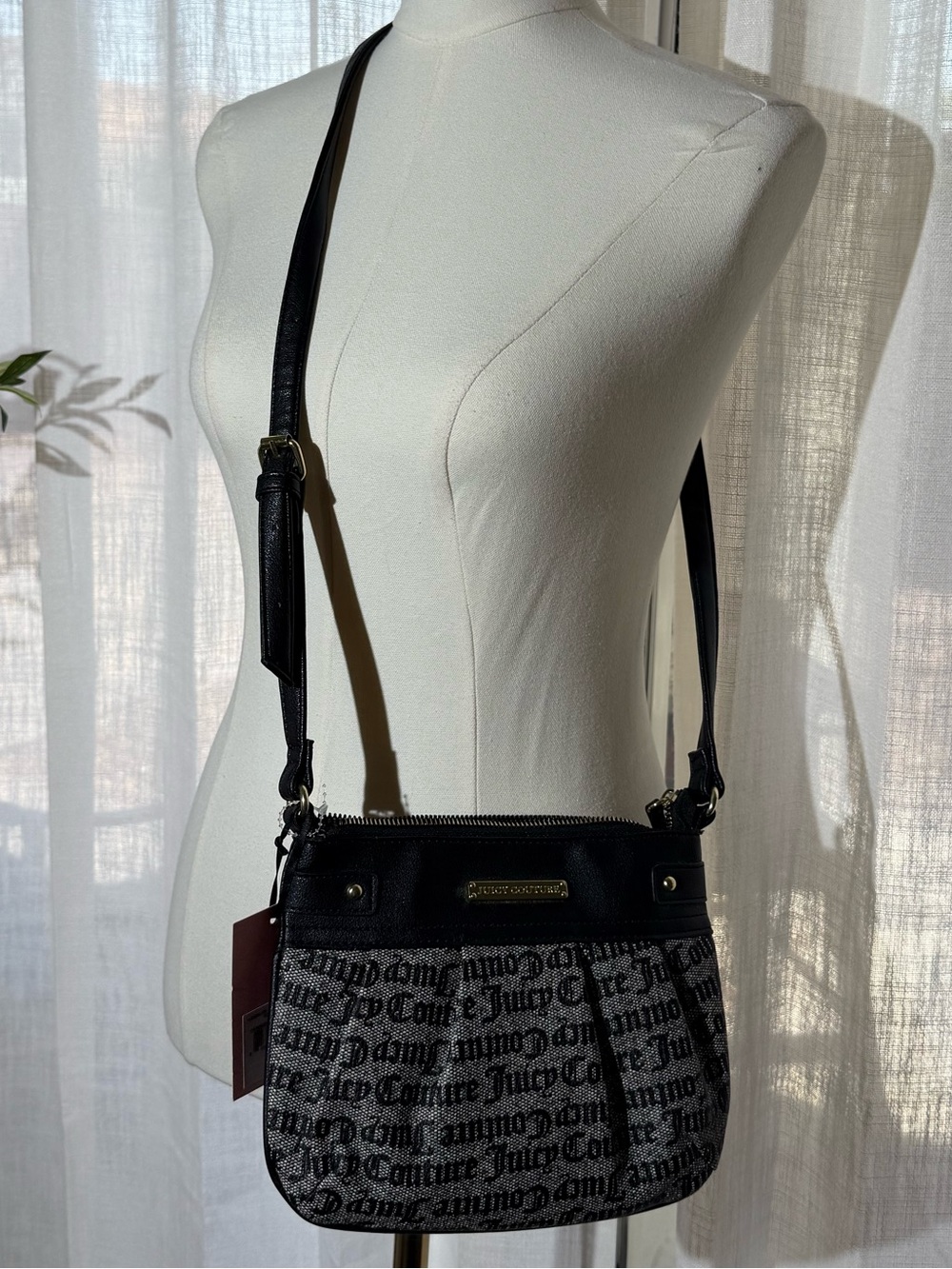 NWT Juicy Couture Crossbody Black Gothic Logo Jacquard Bag Grey Purse Monogram